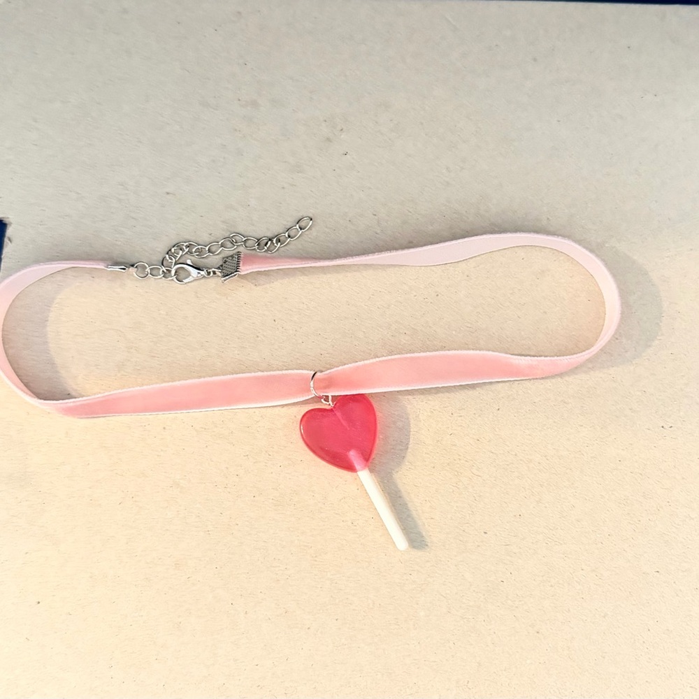 Pink Velvet Choker with Pink Heart Lollipop Charm